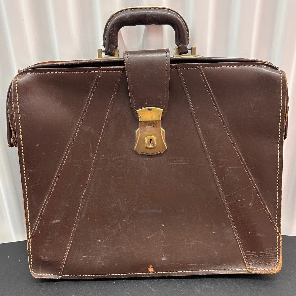 Vintage Brown Leather Doctor Bag Briefcase Brass Hardware Distressed 60s 70s